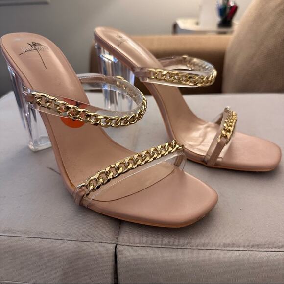Bisou Bisou Gold Chain Clear Tan Open Toe Heeled Sandals Womens 11 Sexy Party - Picture 2 of 9